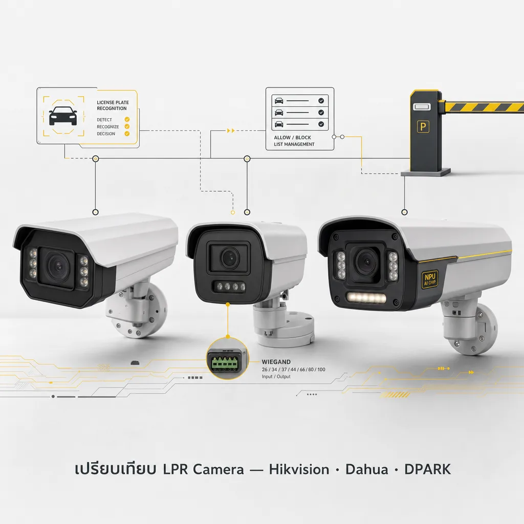 เปรียบเทียบกล้องอ่านป้ายทะเบียน LPR 3 แบรนด์ — Hikvision Dahua DPARK พร้อมการเชื่อมต่อ Wiegand และชิป NPU