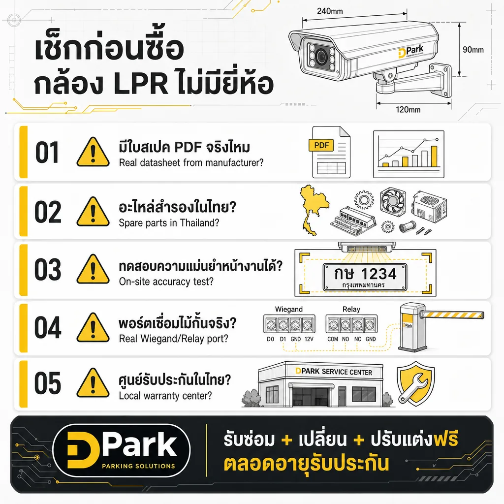เช็คลิสต์ 5 ข้อก่อนซื้อกล้อง LPR ไม่มียี่ห้อ — datasheet อะไหล่ ทดสอบ พอร์ต ศูนย์รับประกัน